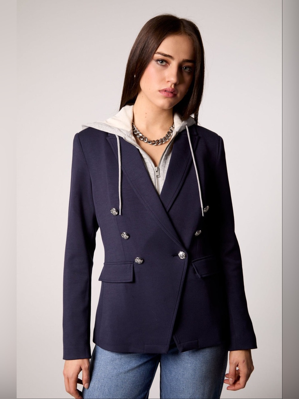 Blue Revival Helen Double Breasted Blazer in Navy With Removable Hoodie Insert